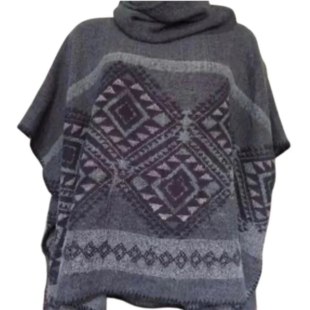 Steve Madden Womens‎ Cowl Neck Geometric Poncho Charcoal Grey OSFM New